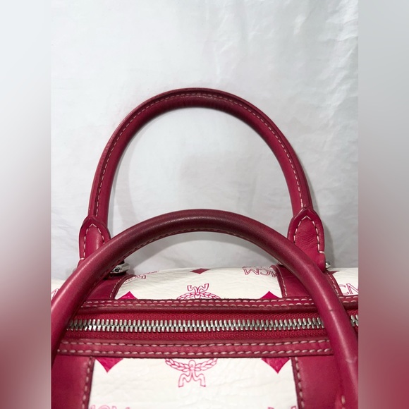 Red and White MCM Small Boston Satchel Bag w/ Brown Suede liner. MCM Monogram - Picture 14 of 16